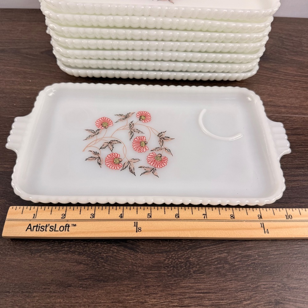 Fire-King Fleurette Milk Glass Snack Set 8 Trays Cups Pink Floral - Picture 3 of 11